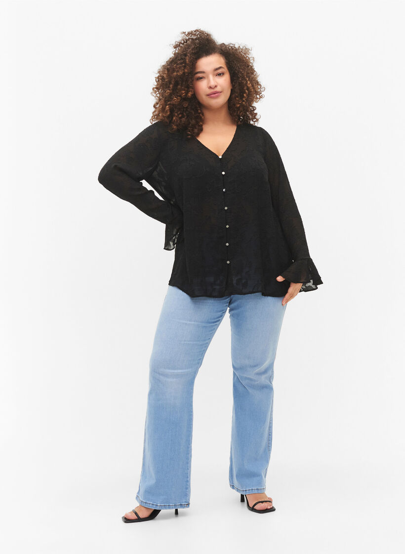 Long-sleeved shirt with jacquard look, Black, Model image number 2