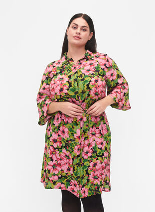 	 Viscose shirt dress with floral print, Pink G. Flower AOP, Model image number 0