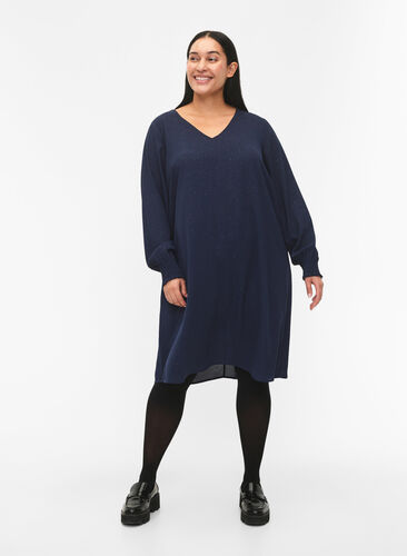 FLASH - Long sleeve dress with glitter, Navy w. Gold , Model image number 2