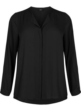 Solid colour shirt with v-neck, Black, Packshot image number 0