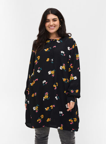 Viscose tunic with print, Black Flower, Model image number 0