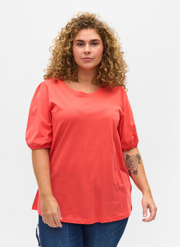 Cotton t-shirt with elbow-length sleeves, Hot Coral, Model image number 0