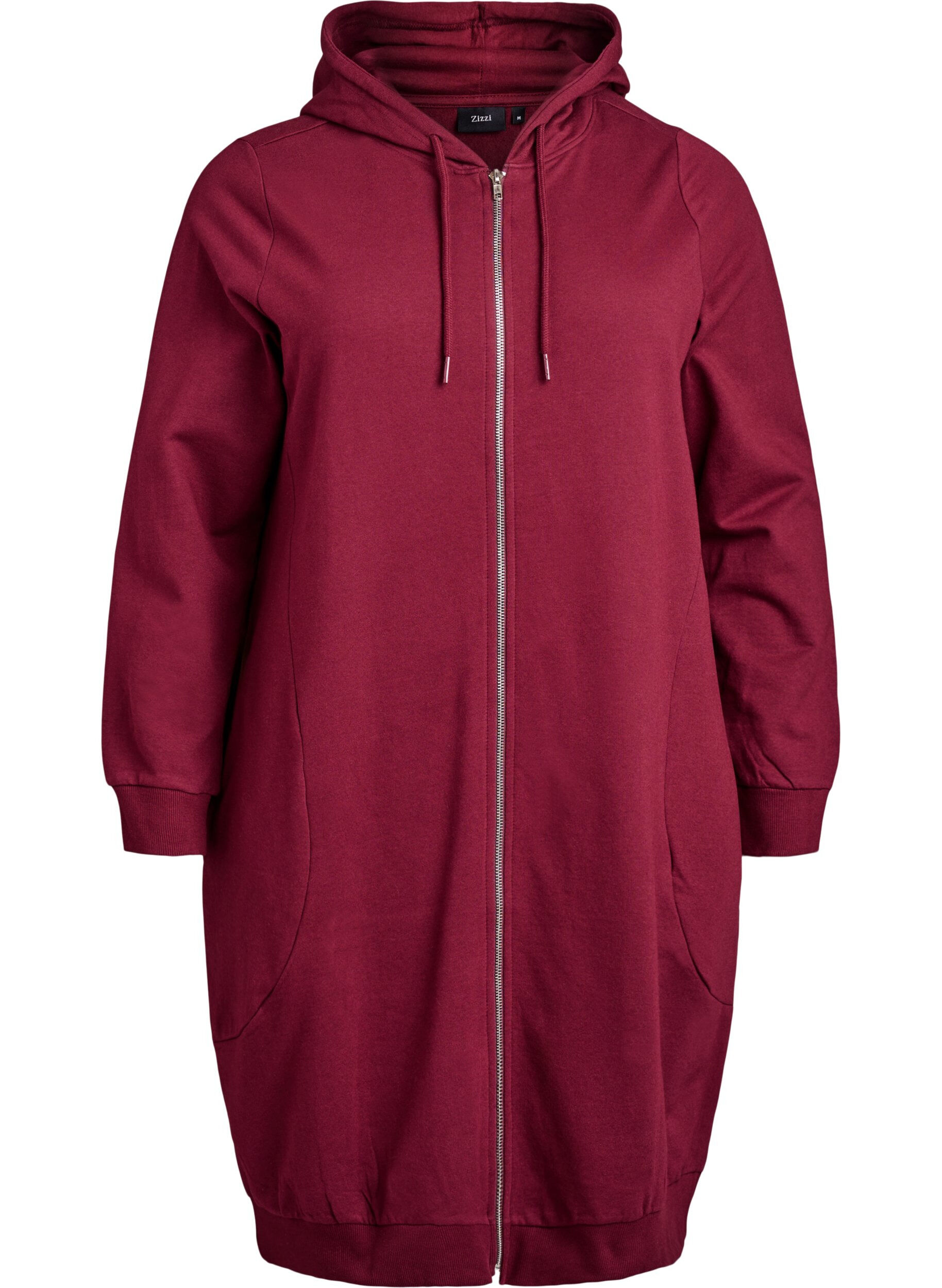 Zizzifashion Long cotton sweat cardigan with hood, Dark Bordeaux, Packshot image number 0