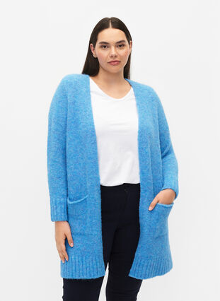 Long knitted cardigan with wool and pockets, French Blue, Model image number 0
