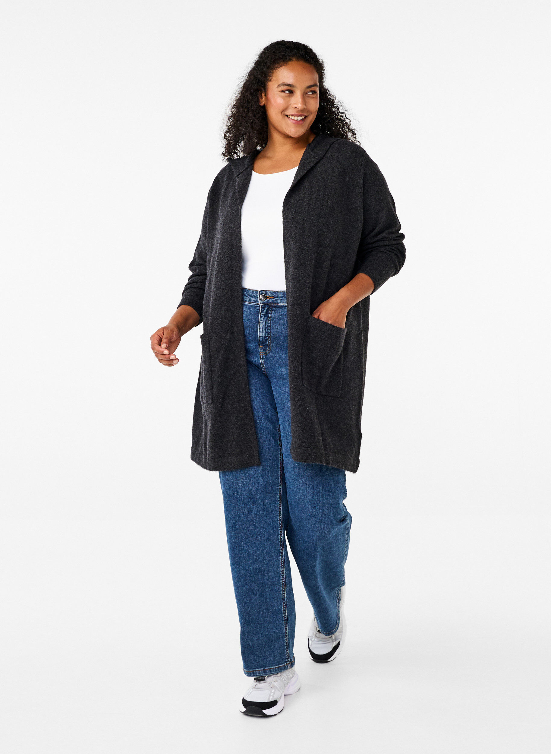 Zizzifashion Long knitted cardigan with wool and hood, Dark Grey Melange, Model image number 2