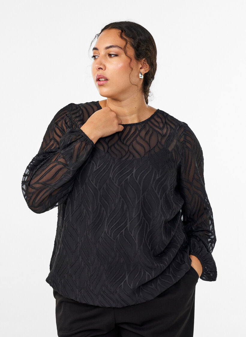 Chiffon blouse with a textured pattern, Black, Model image number 0