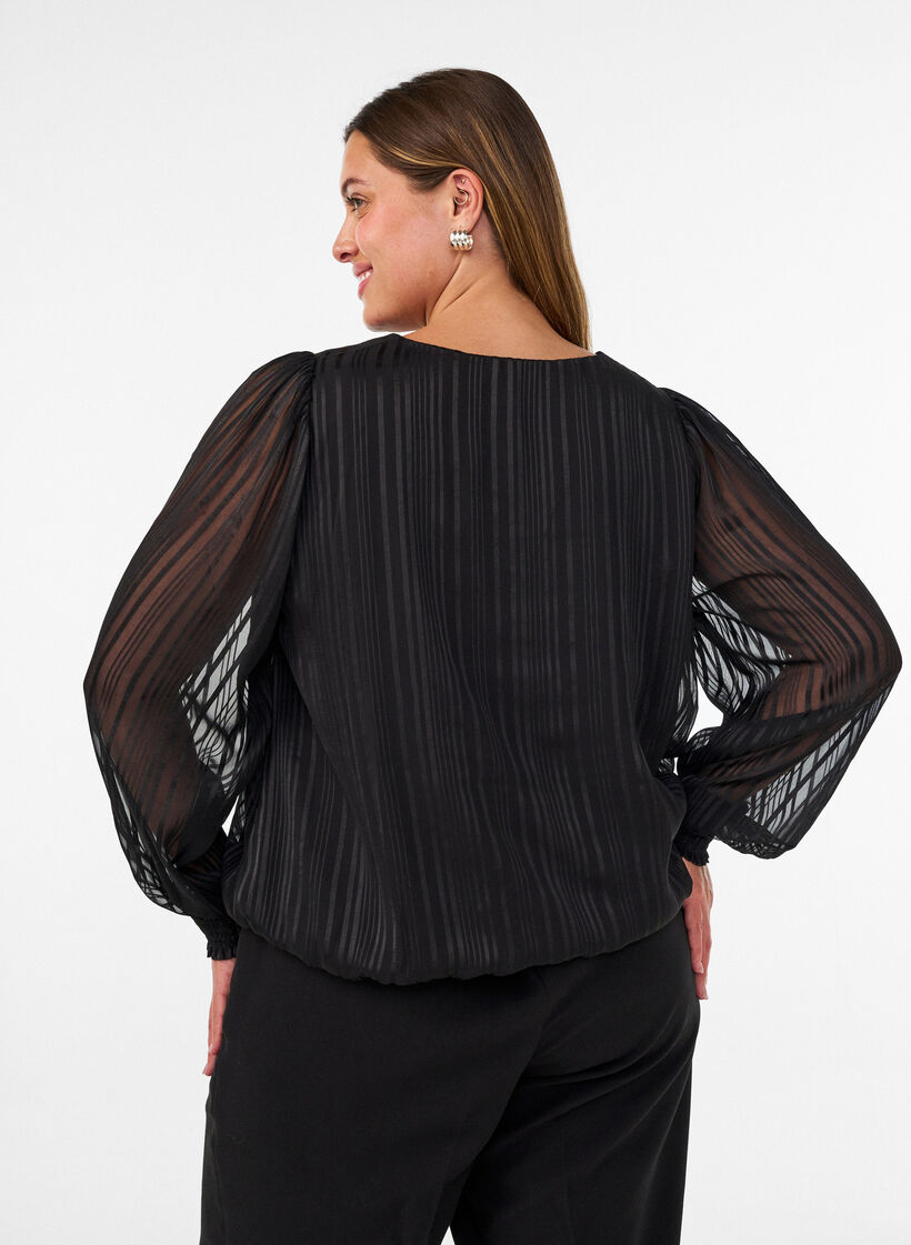 Striped blouse with a balloon shape, Black, Model image number 2