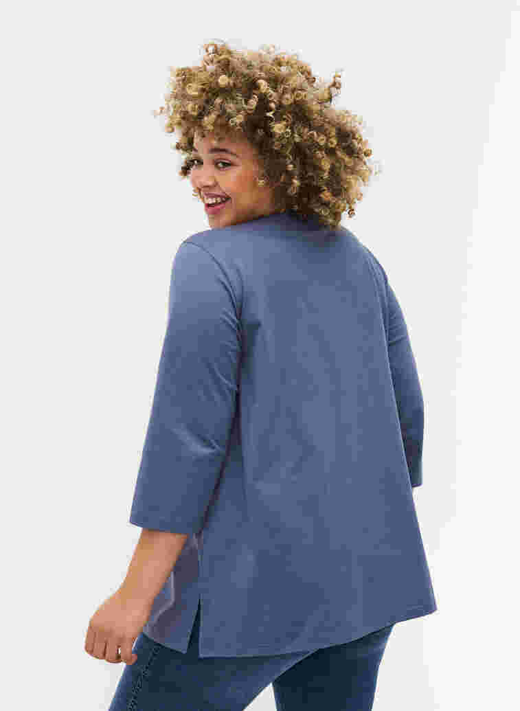 Plain-coloured cotton blouse with 3/4-length sleeves and slits, Vintage Indigo, Model image number 1