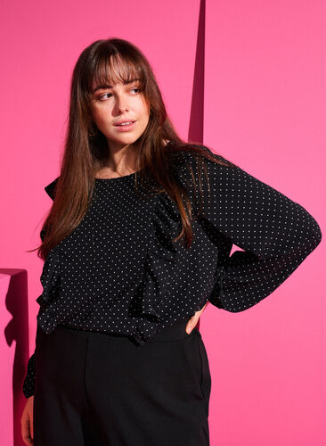 Long sleeved blouse with ruffles, Black Dot, Image image number 0