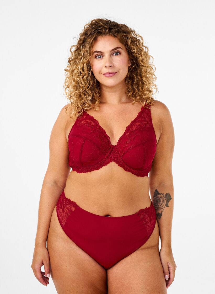Microfiber thong with lace, Red, Model image number 0
