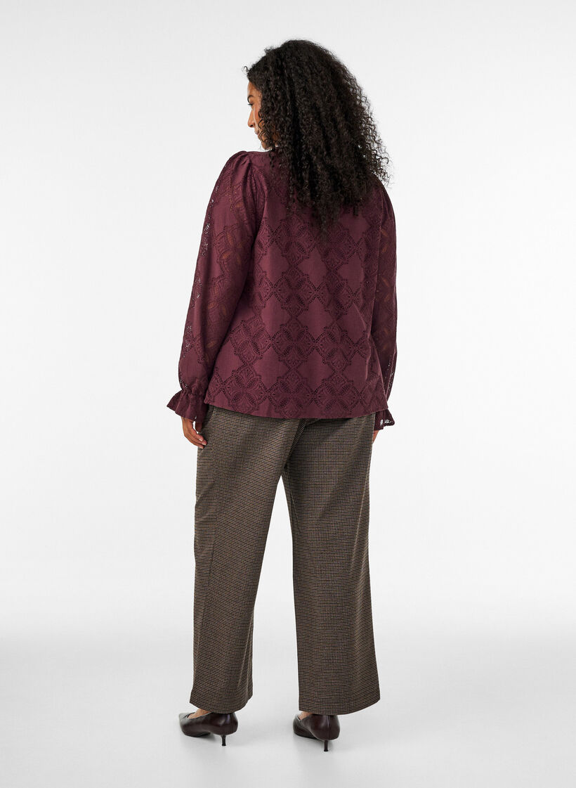 Trousers with small check pattern and straight legs, Brown, Model image number 1