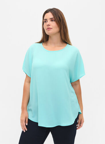 Blouse with short sleeves and a round neckline, Aqua Splash, Model image number 0