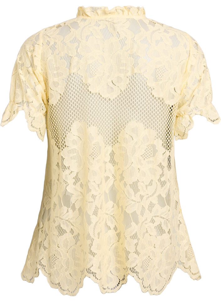 Lace blouse with ruffle collar and short sleeves, Yellow, Packshot image number 1