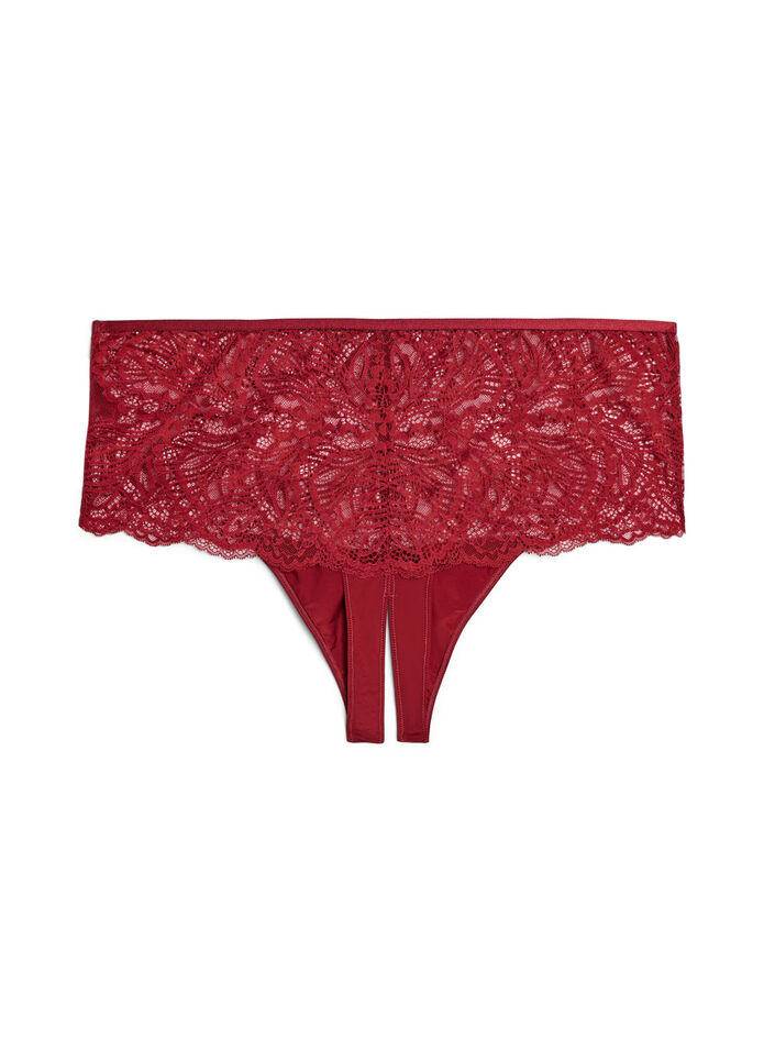 Crotchless hipster thong with lace and high waist, Red, Packshot image number 1
