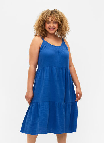 Plain cotton strap dress, Victoria blue, Model image number 0