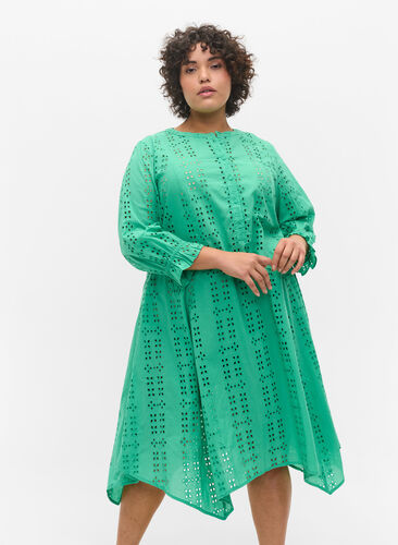 Cotton dress with broderie anglaise, Holly Green, Model image number 0