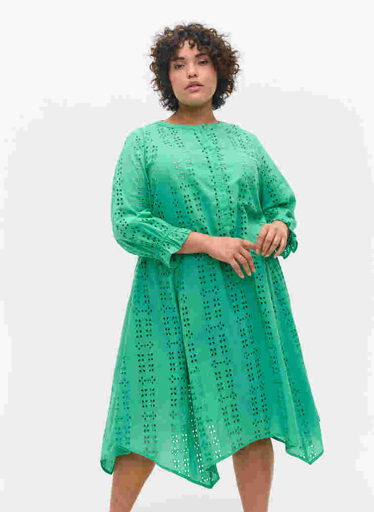 Cotton dress with broderie anglaise, Holly Green, Model