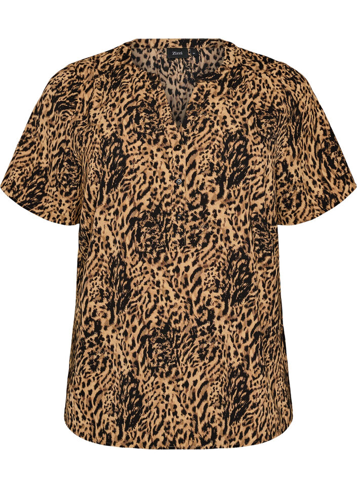 Blouse with short sleeves and v-neck, Brown, Packshot image number 0