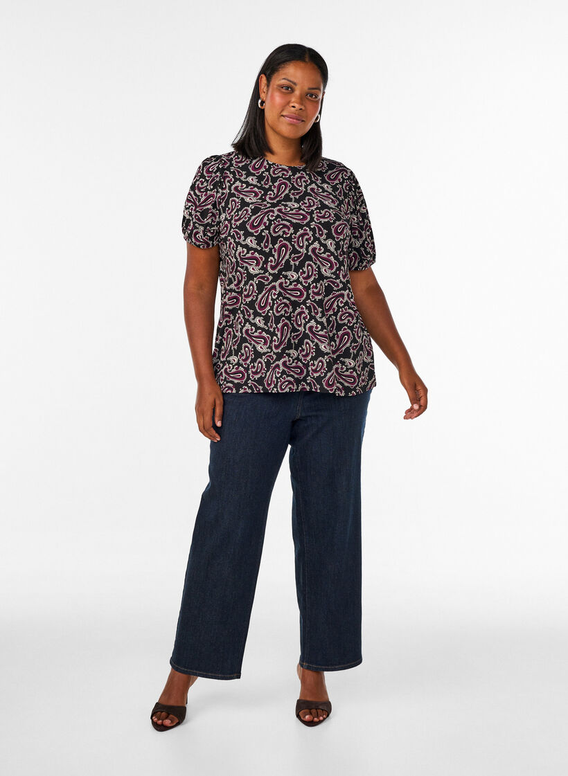 Blouse with short sleeves and paisley print, Dark Bordeaux, Model image number 1