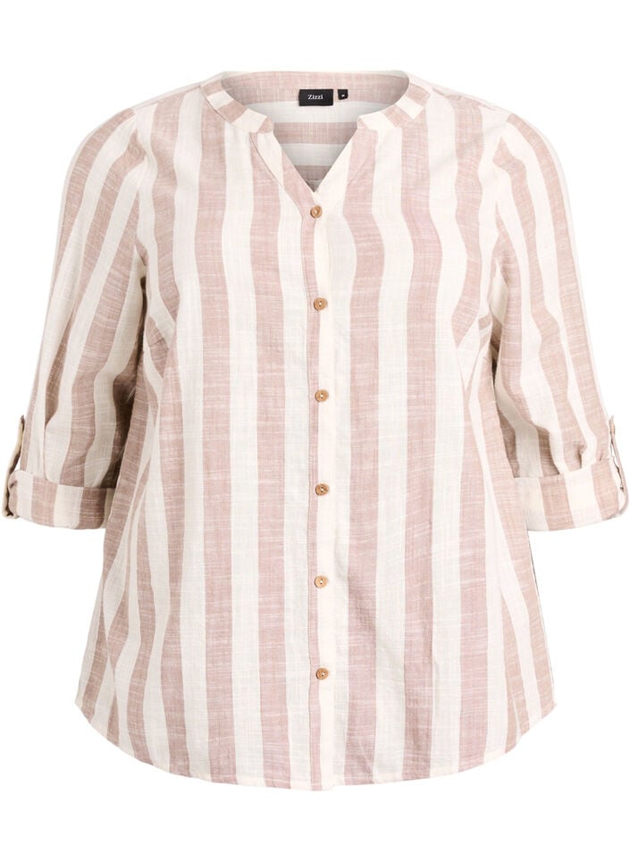 Cotton shirt blouse with V-neck, Beige, Packshot image number 0