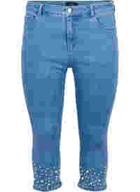 High waisted denim capri trousers with pearls