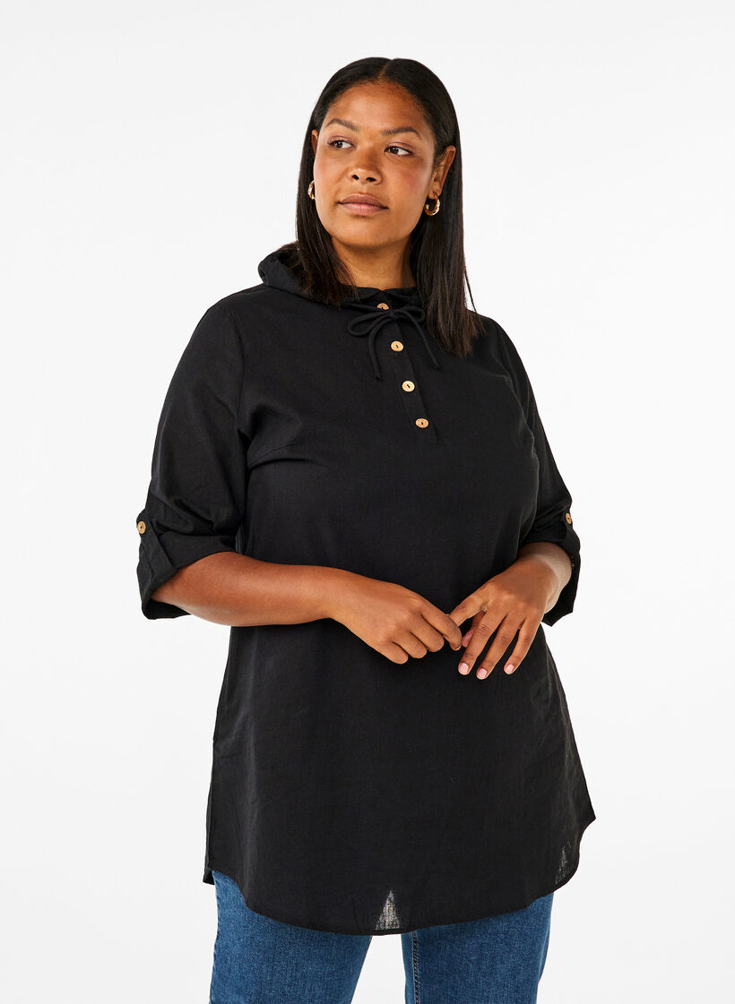 Hooded tunic in cotton and linen, Black, Model image number 0