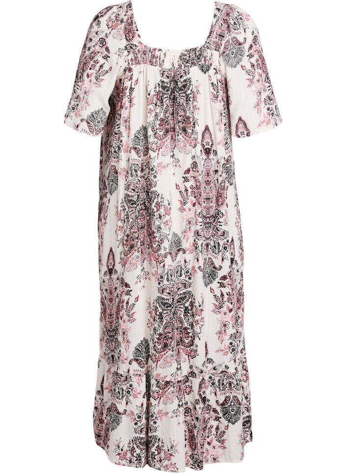 Long dress with a square neckline and floral motifs, Vanilla, Packshot image number 1