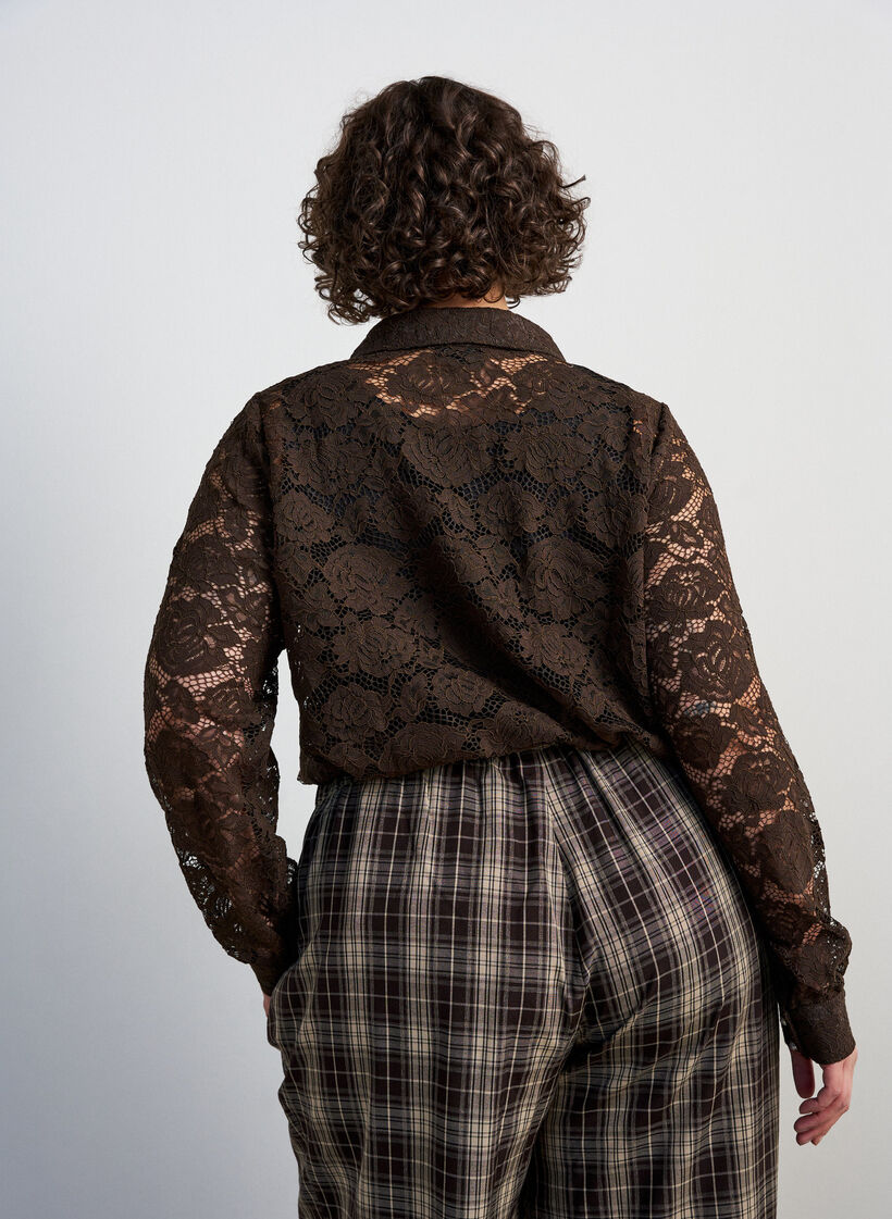 Lace shirt with pearl buttons, Brown, Model image number 2