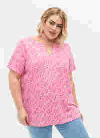 Floral cotton t-shirt with v-neck, Shocking Pink AOP, Model