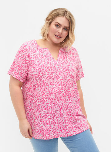 Floral cotton t-shirt with v-neck, Shocking Pink AOP, Model image number 0