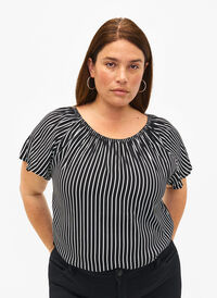 Striped viscose blouse with short sleeves, Black/ White Stripe, Model