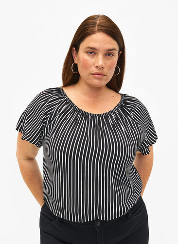 Striped viscose blouse with short sleeves, Black/ White Stripe, Model image number 0