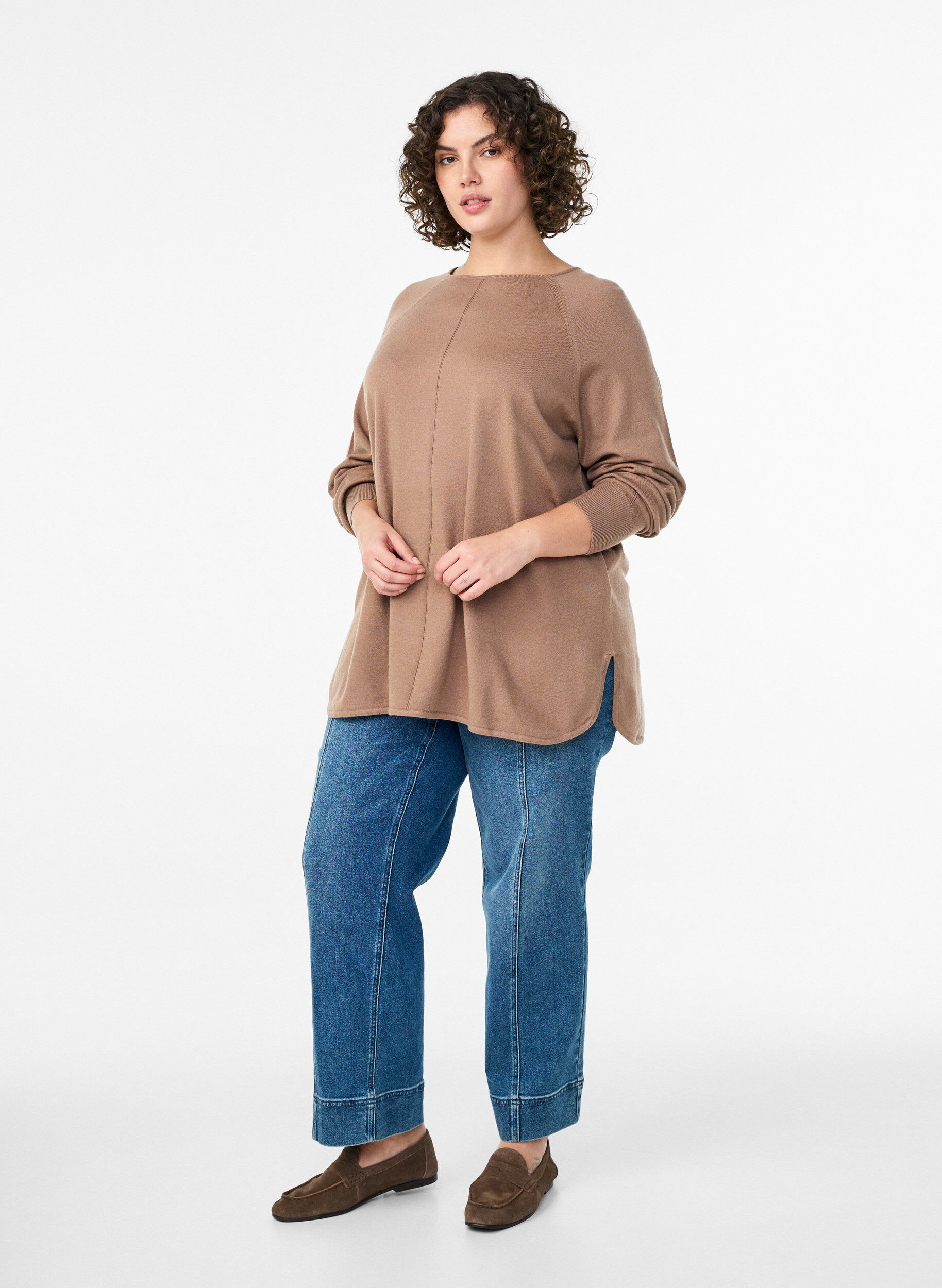 ZizzifashionKnit blouse with round neck and knitted pattern, Brown, Model image number 1