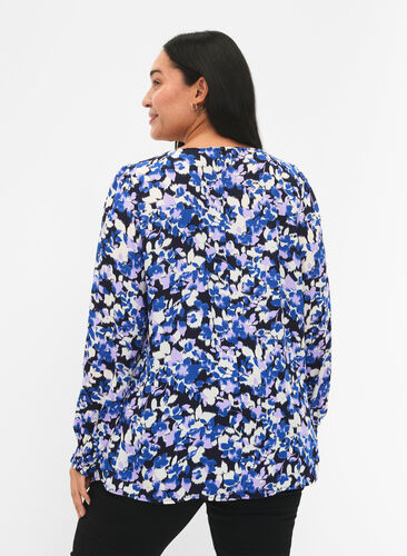 FLASH - Long sleeved blouse with smock and print, Blue Purple Flower, Model image number 1