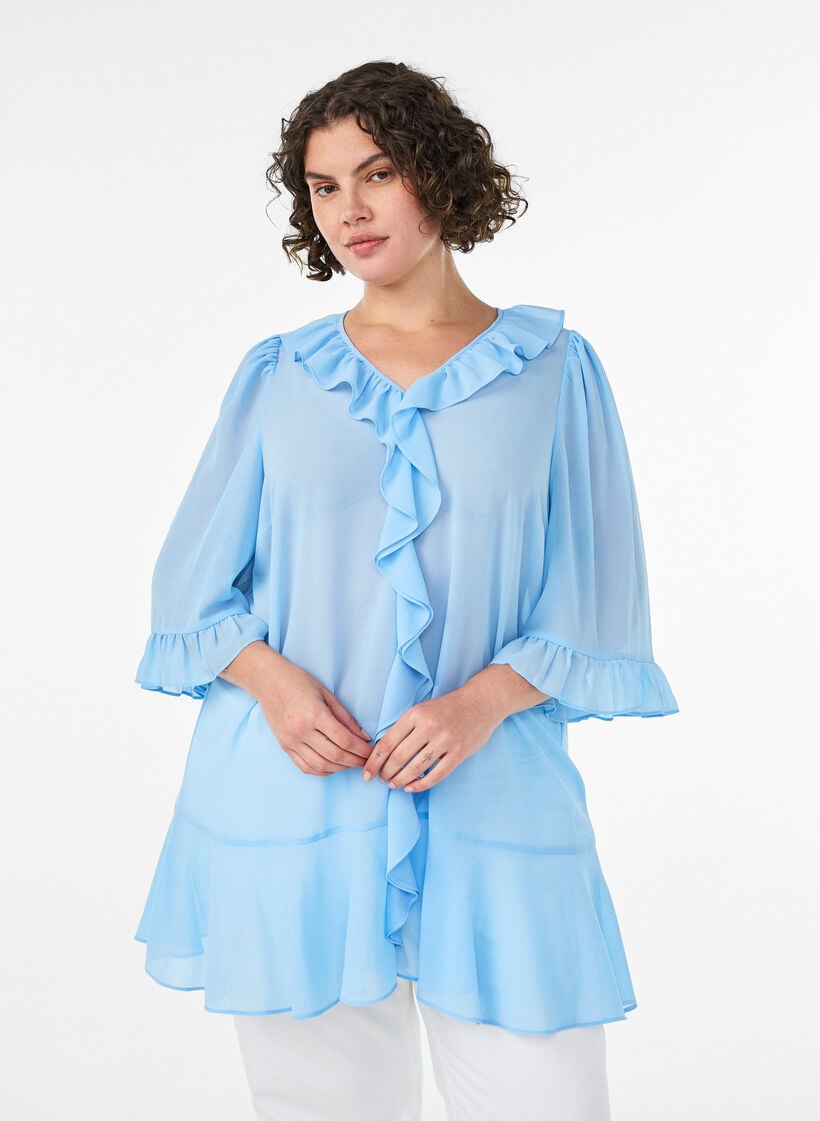 Tunic with ruffles and 3/4 sleeves, Light Blue, Model image number 0