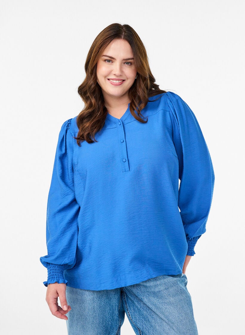Viscose blouse with smock and gathered details, Blue, Model image number 0