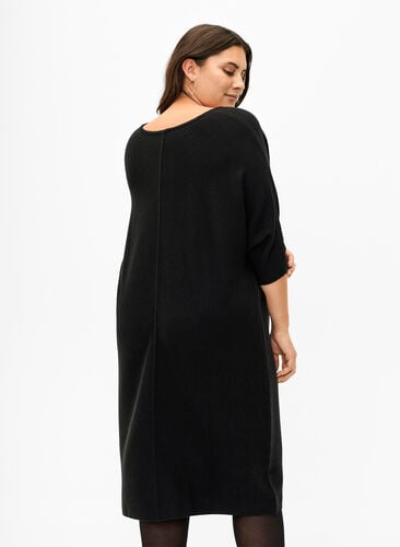 Ribbed dress with 3/4 sleeves, Black, Model image number 1