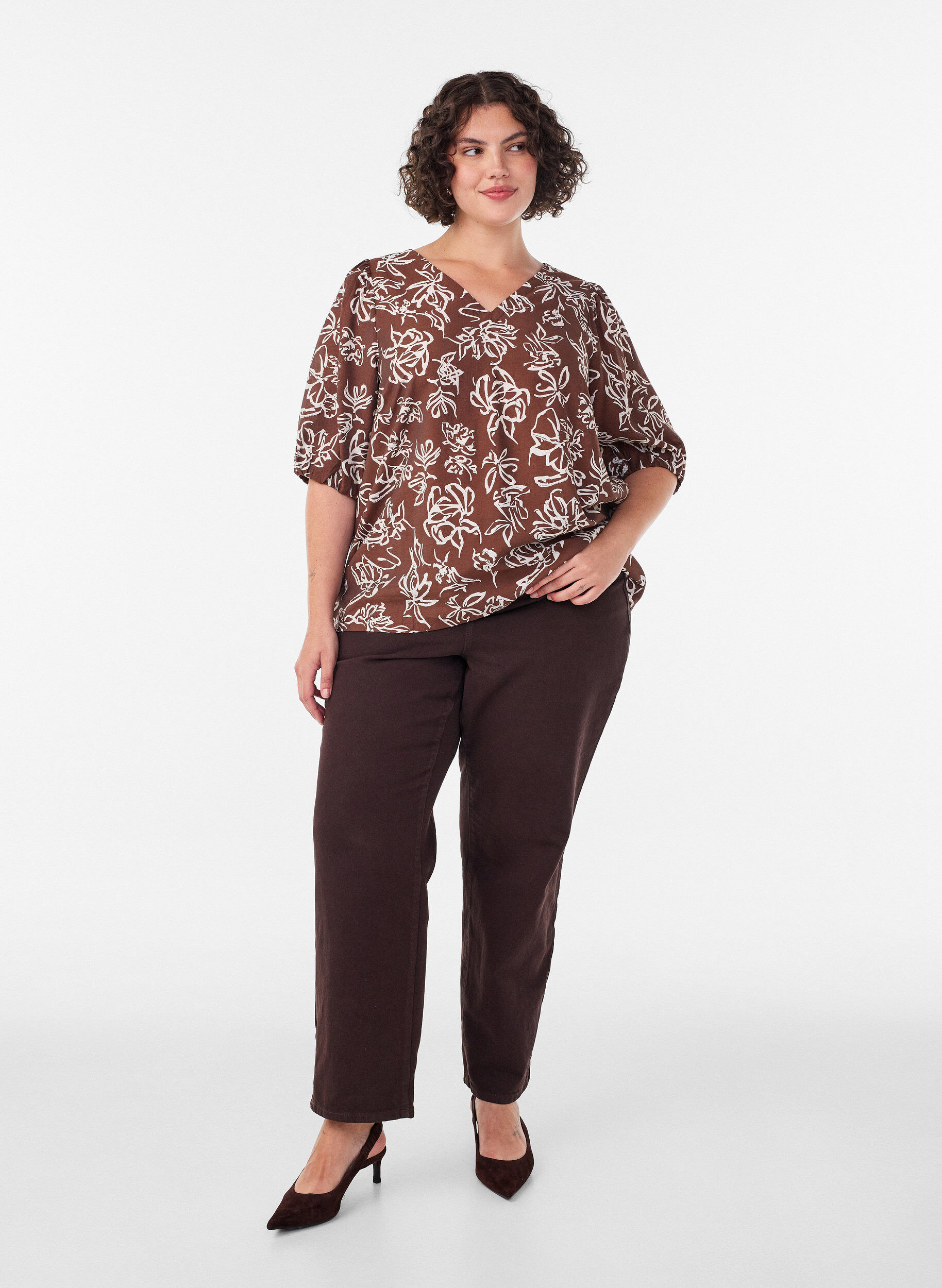 ZizzifashionViscose blouse with V-neck, Brown, Model image number 1