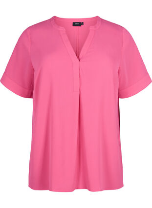 Short-sleeved blouse with v-neckline, Raspberry Sorbet, Packshot image number 0
