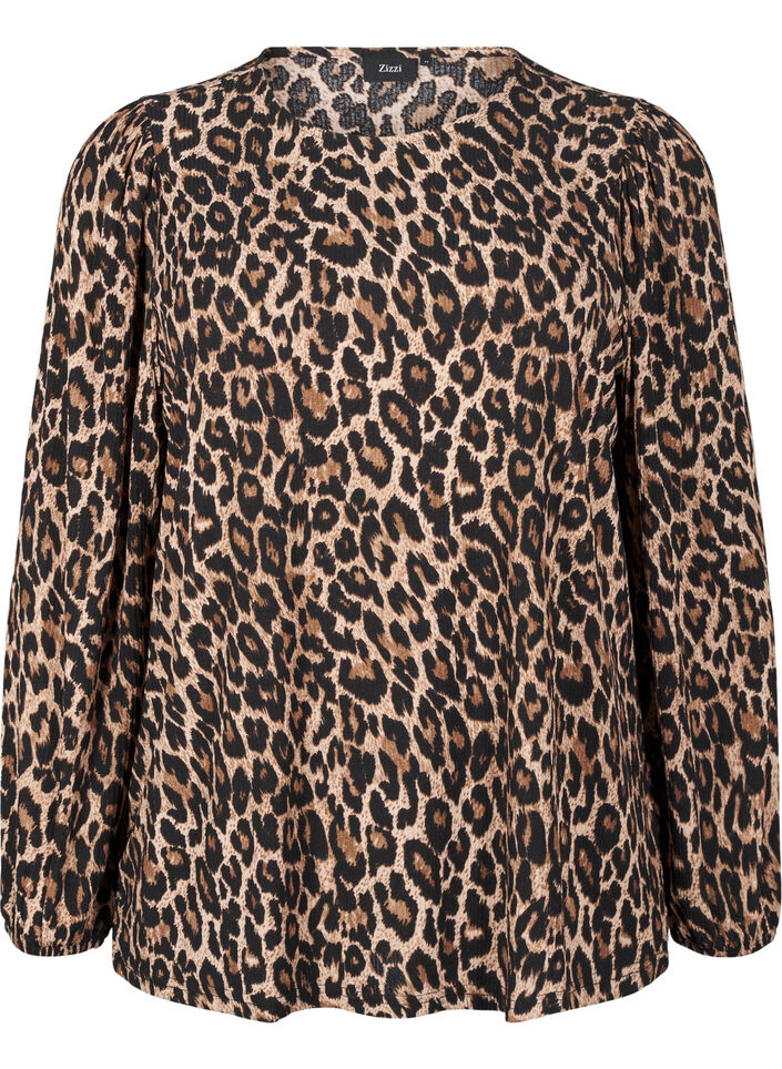Blouse with long sleeves and leopard print, Brown, Packshot image number 0