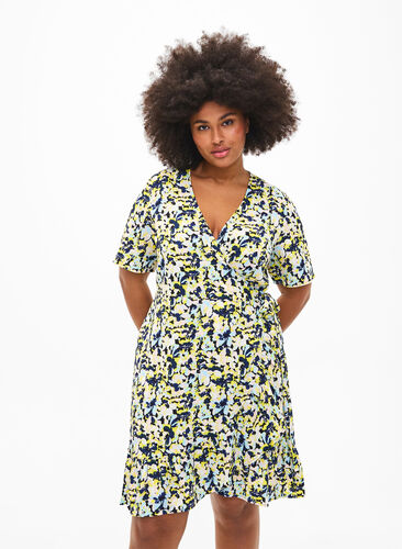 Printed wrap dress with short sleeves, Blazing Yellow AOP, Model image number 0