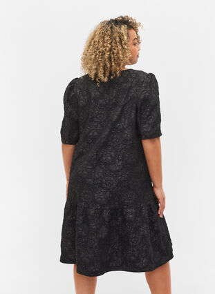 Short-sleeved v-neck dress with floral texture, Black, Model image number 1