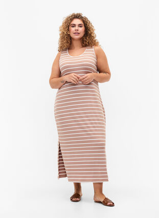 Sleeveless ribbed dress in viscose, Natural W. Stripe, Model image number 2