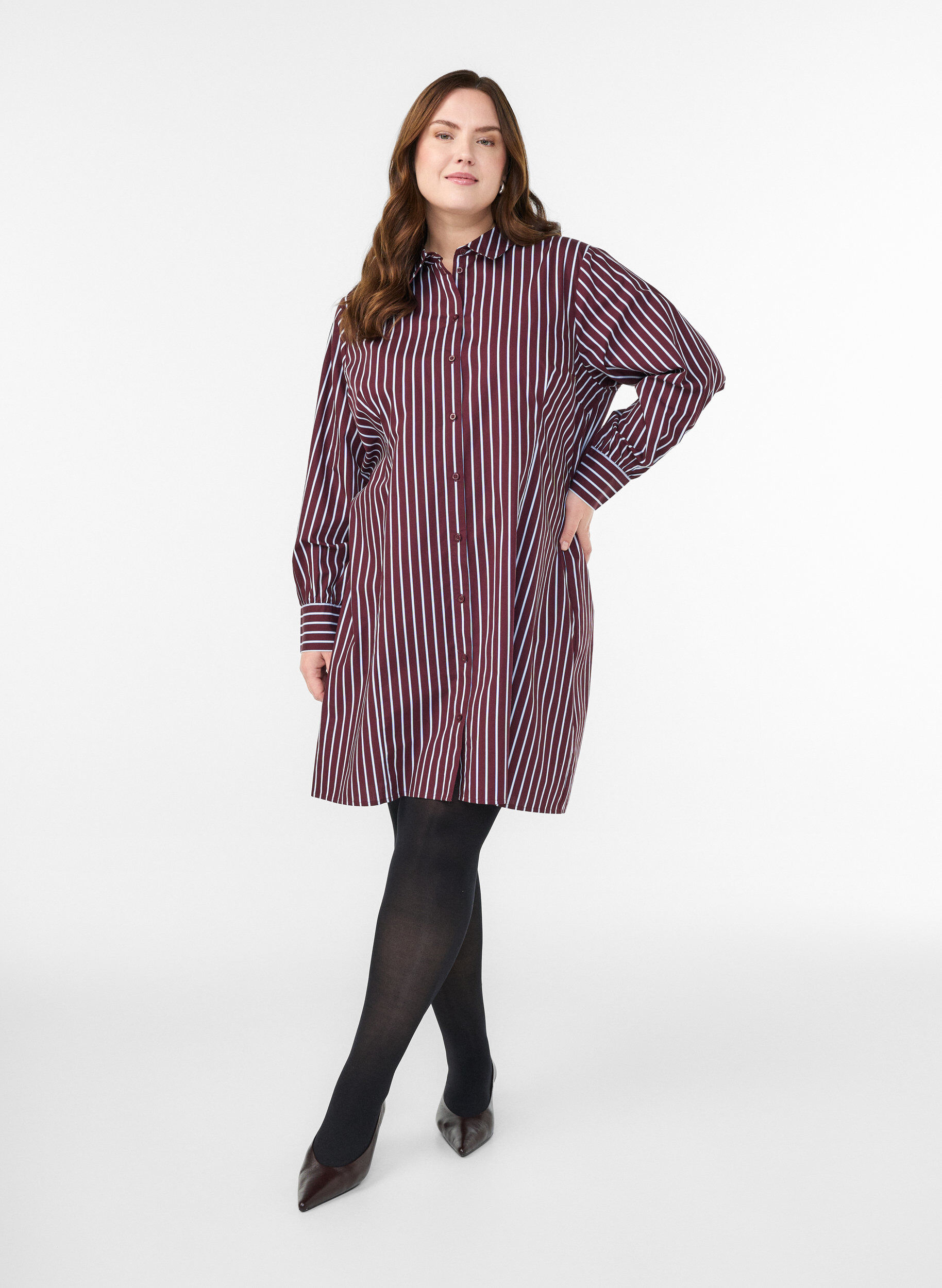 Zizzifashion Striped shirt dress with an elasticated waist, Dark Bordeaux, Model image number 1