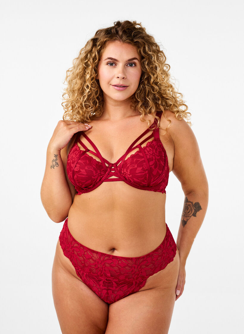 Crotchless lace thong, Red, Model image number 0