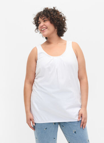 Cotton top with rounded neckline and lace trim, Bright White, Model image number 0