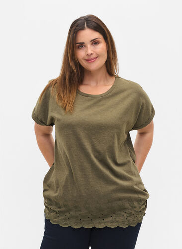 Short-sleeved t-shirt with broderie anglaise, Ivy Green Mel., Model image number 0