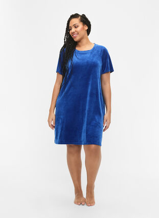 Short sleeved velour dress with round neckline	, Monaco Blue, Model image number 2