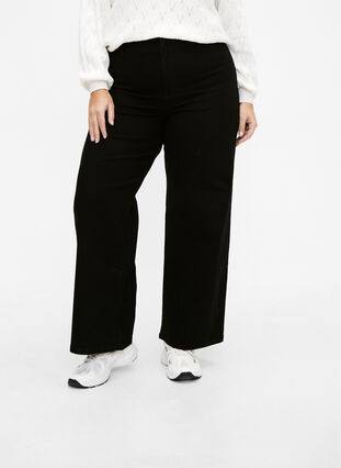 High-waisted jeans with wide legs, Black, Model image number 2