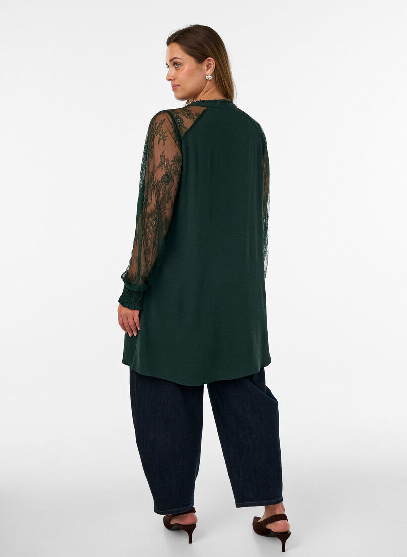 Tunic with sheer lace sleeves, Green, Model image number 2